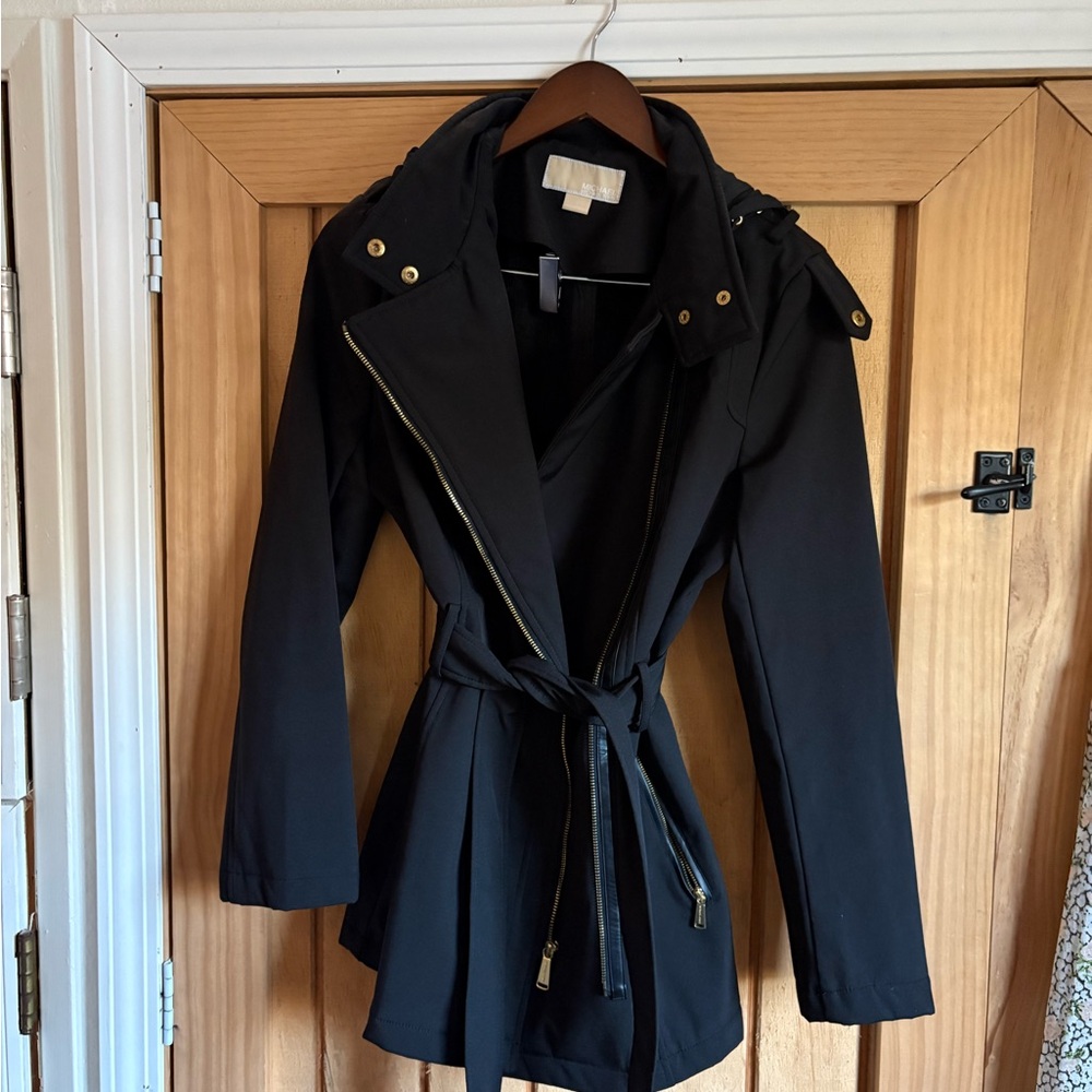 Women’s Black Hooded Trench Coat with Belt